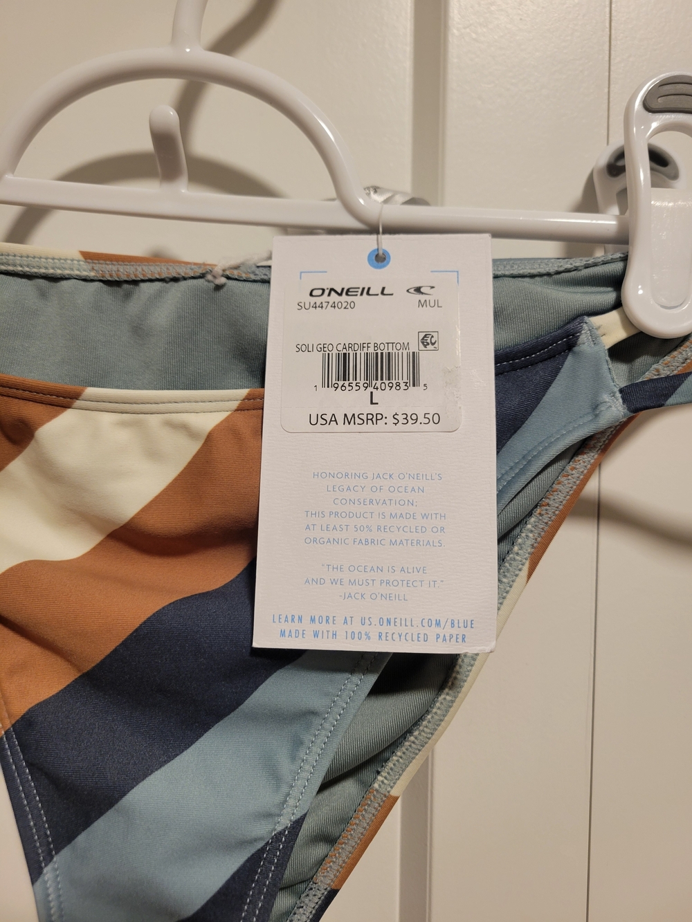 O'Neill Colorblock Striped Bikini Bottom - Blue, Tan & Cream, Size L - Picture 3 of 4